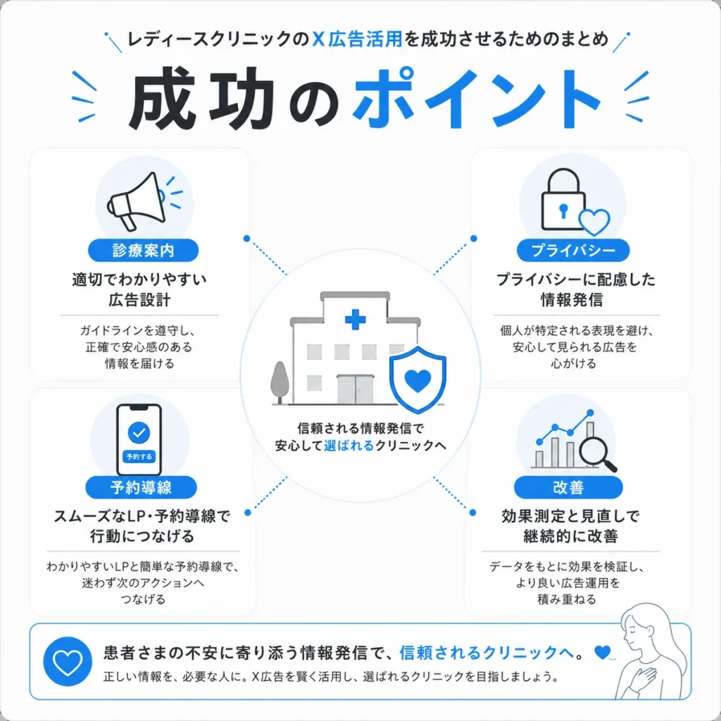 レディースクリニックのX広告活用を成功させるための診療案内・プライバシー・予約導線・改善の要点をまとめたイラスト