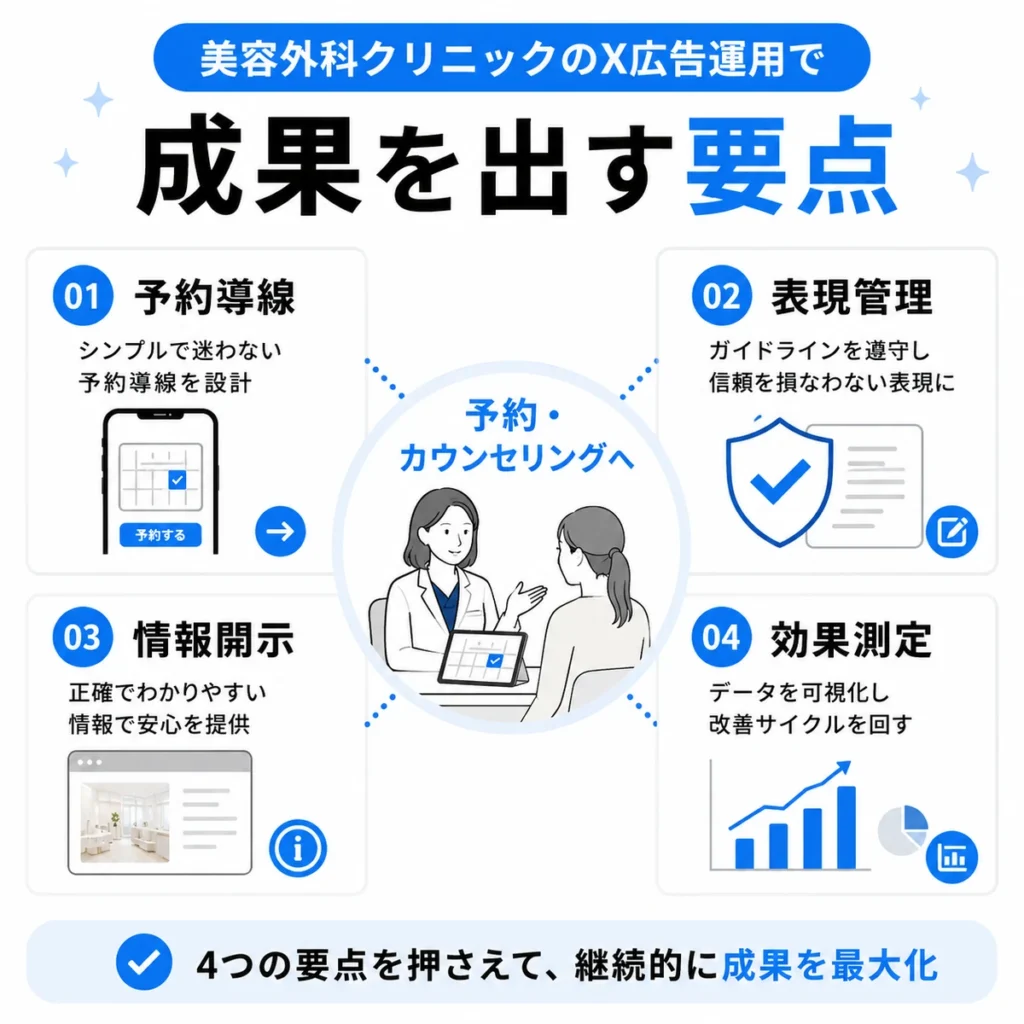 美容外科クリニックのX広告運用で成果を出すための要点をまとめたイラスト