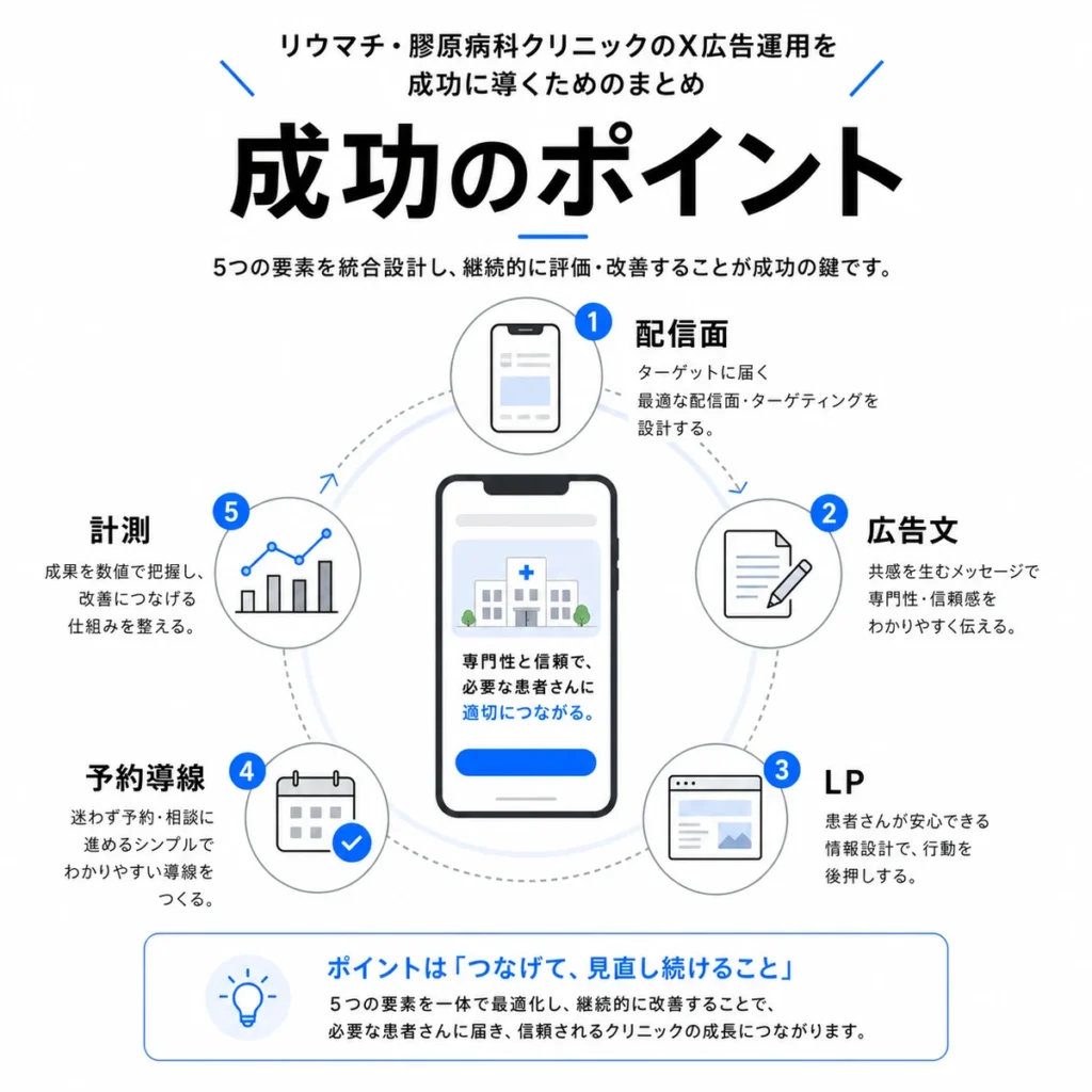 配信面・広告文・LP・予約導線・計測を統合してX広告運用を成功に導くポイントを示すまとめイラスト