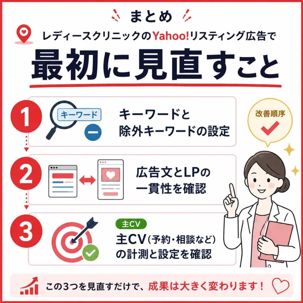 レディースクリニックのYahoo!リスティング広告で最初に見直す検索語句・LP整合・主CVを整理したまとめイラスト