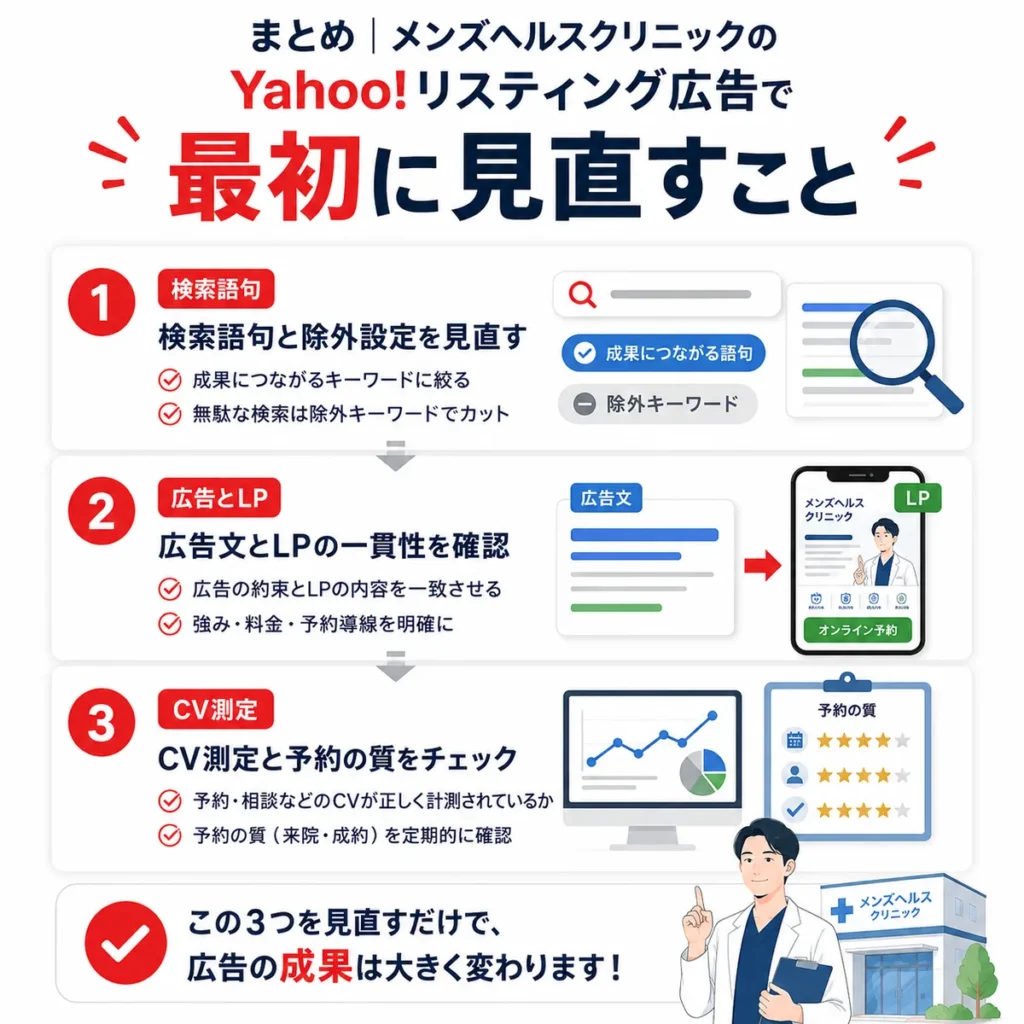 メンズヘルスクリニックのYahoo!リスティング広告で最初に見直す検索語句、広告とLP、CV測定のまとめイラスト