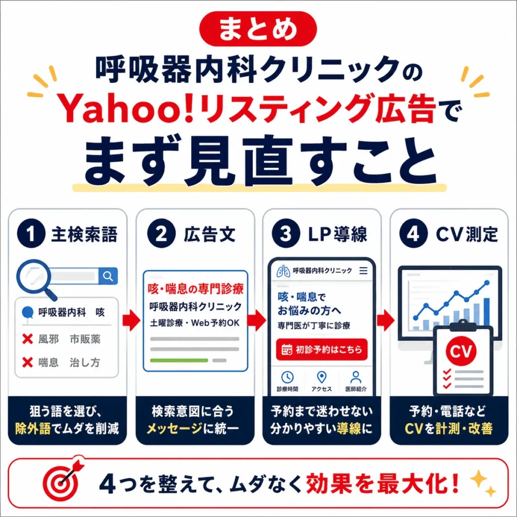 主検索語、広告文、LP導線、CV測定の4つを見直す呼吸器内科Yahoo!広告運用のまとめイラスト
