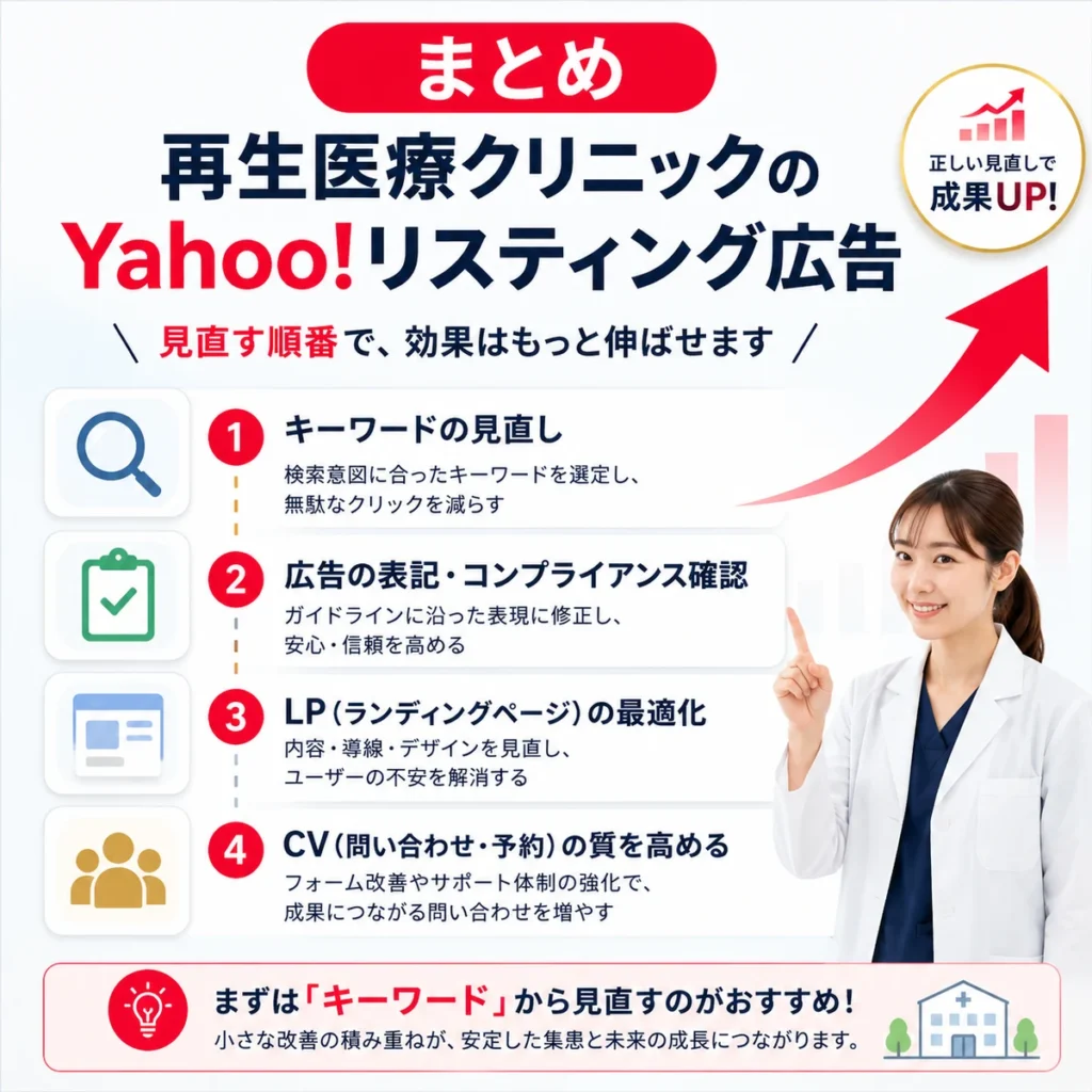 再生医療クリニックのYahoo!リスティング広告で最初に見直すべきことをまとめたイラスト