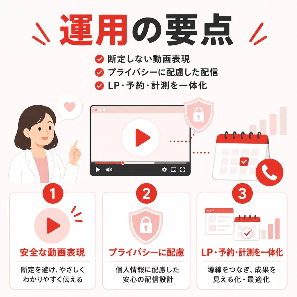 精神科クリニックのYouTube広告運用で押さえる動画表現、配信、予約導線の要点を示すイラスト