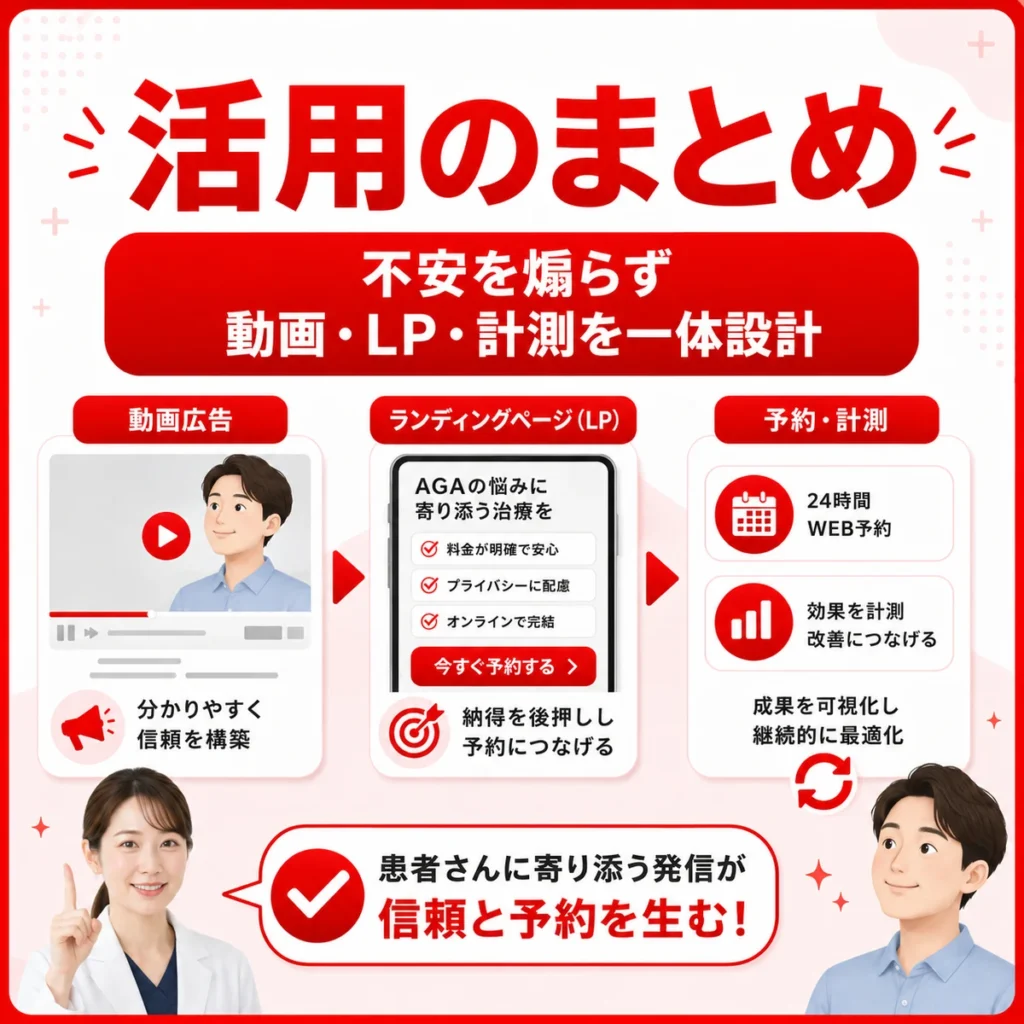 不安を煽らず動画広告、LP、計測を一体で設計するYouTube広告活用のまとめイラスト