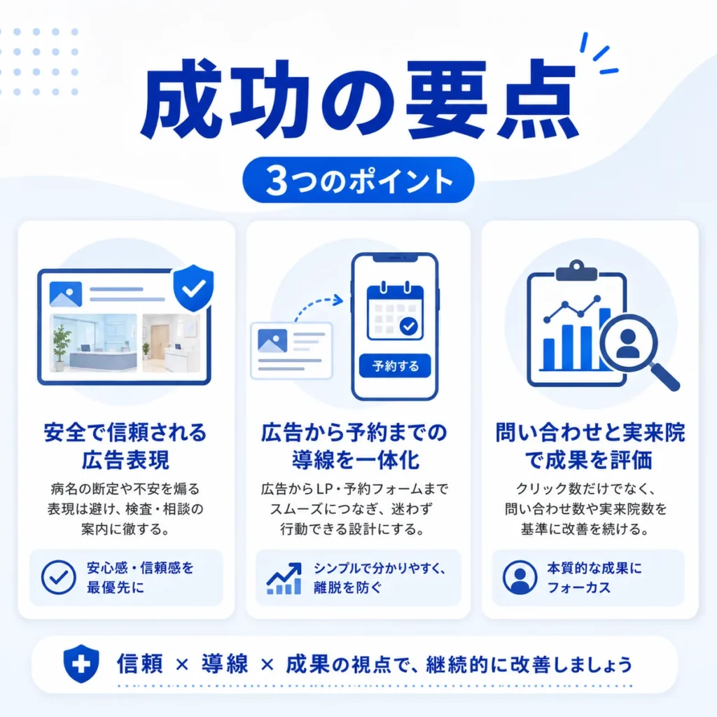 甲状腺専門クリニックのFacebook広告を成功させるための信頼性、導線、成果評価の要点を示すイラスト