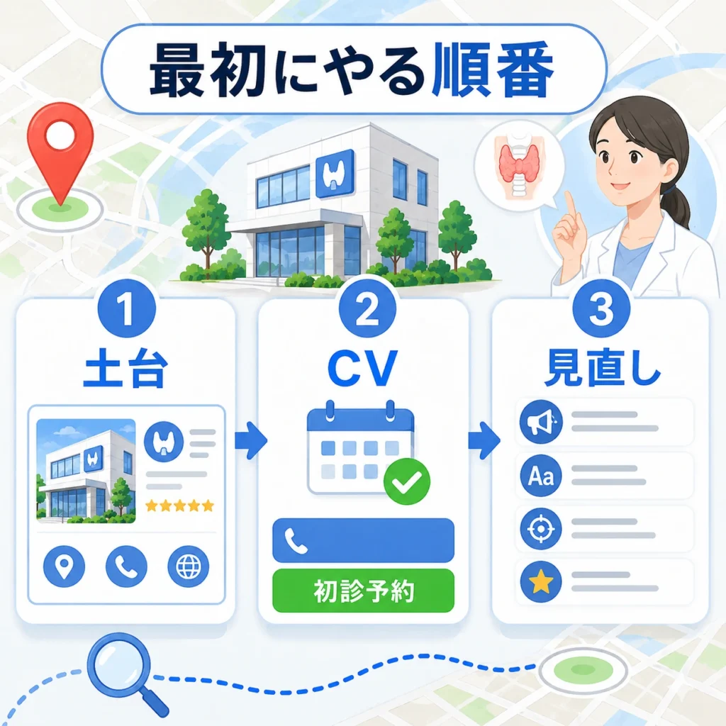 甲状腺専門クリニックのマップ集患で、プロフィール整備・CV設定・見直しの順番を示すイラスト