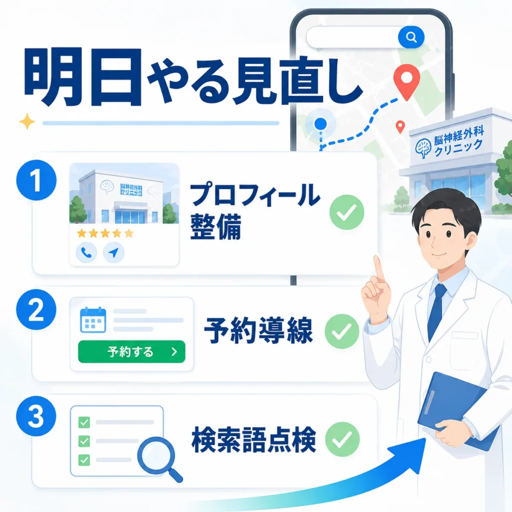 Googleビジネスプロフィール整備・予約導線・検索語点検を明日見直すチェックリスト風イラスト