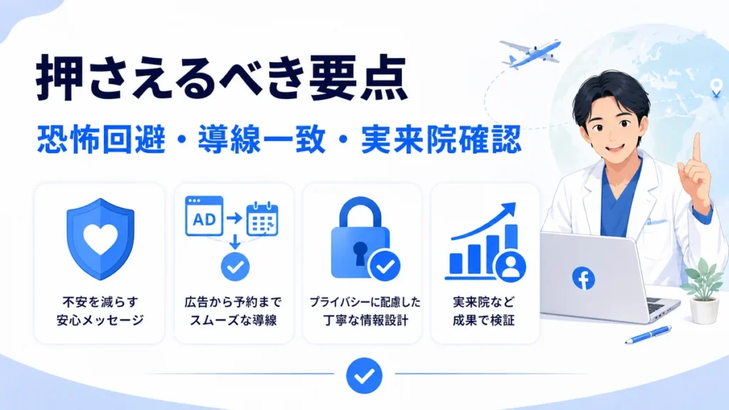 トラベルクリニックのFacebook広告集患で押さえるべき要点をまとめたイラスト