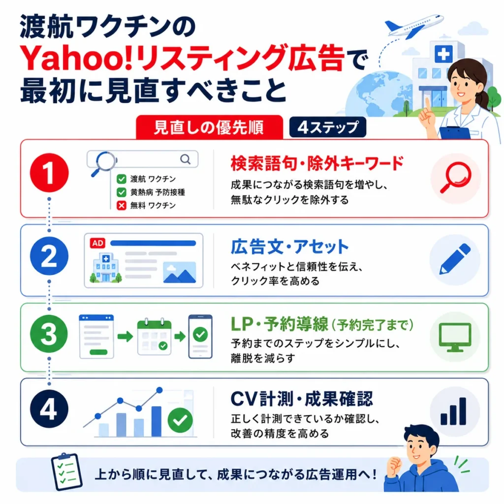 渡航ワクチンのYahoo!リスティング広告で最初に見直すべき4ステップを示すまとめイラスト