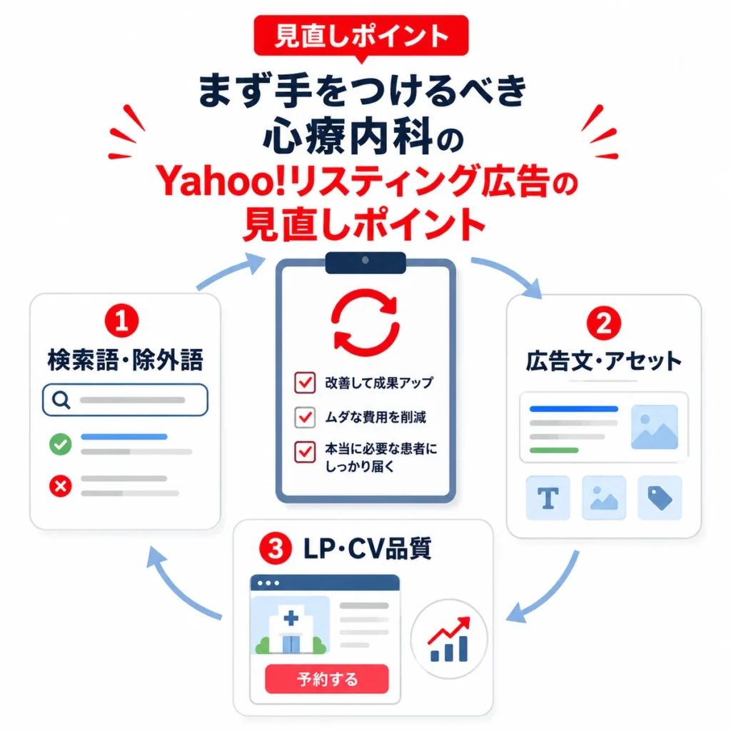 心療内科のYahoo!リスティング広告でまず見直す検索語、広告文、LP、CV品質を整理したイラスト