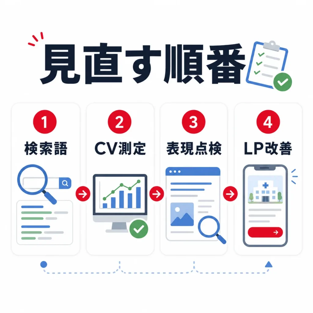 検索語、CV測定、表現点検、LP改善の順番を示す見直しチェックリストのイラスト
