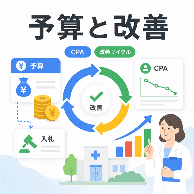 肛門外科広告の予算、入札、CPA、改善サイクルを管理するイラスト