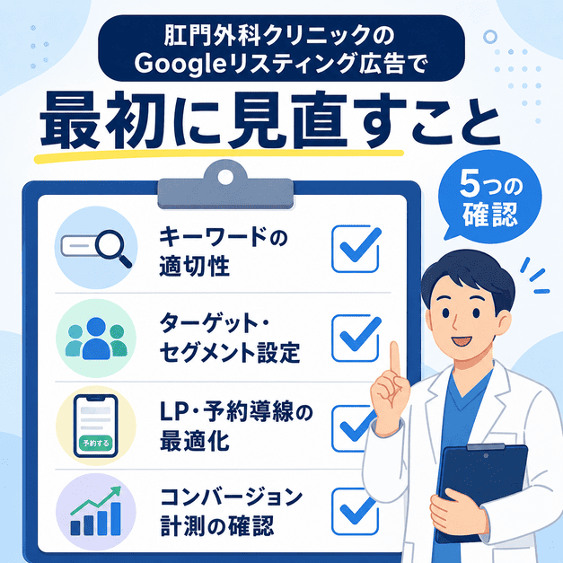 肛門外科クリニックのGoogleリスティング広告で最初に見直すべき項目をチェックしているイラスト