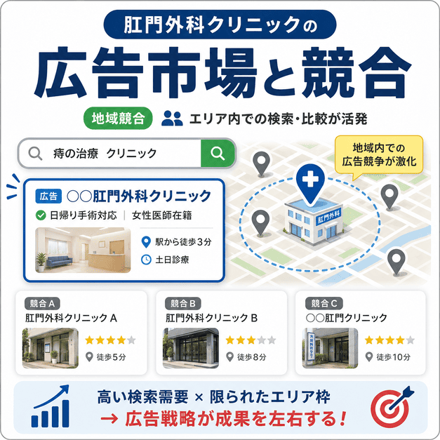 肛門外科クリニックのGoogle広告市場と地域競合を、検索結果や地域マップで比較しているイラスト