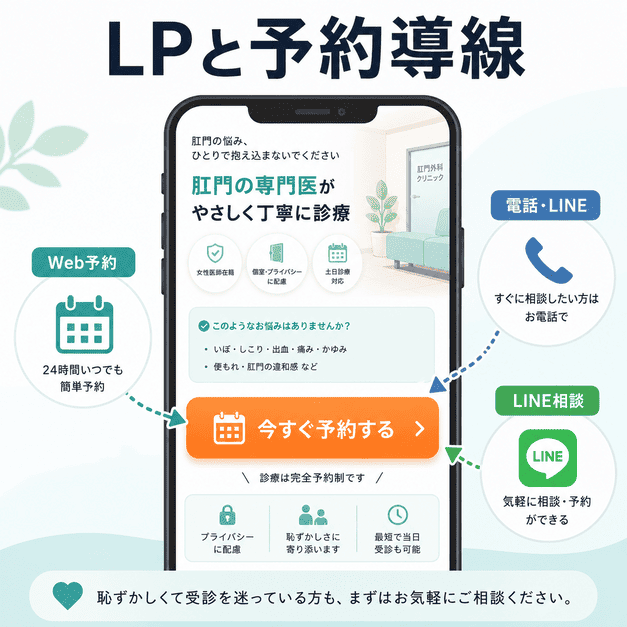 肛門外科クリニックのLPでWeb予約、電話、LINE相談への導線を整えるイラスト