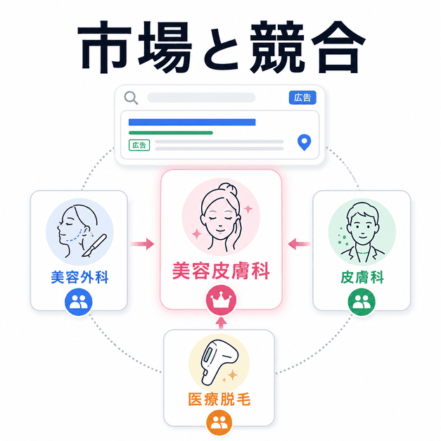 美容皮膚科と美容外科・皮膚科・医療脱毛が検索広告上で競合する市場構図を示したイラスト