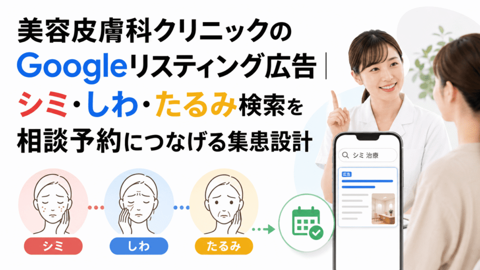 美容皮膚科クリニックのGoogleリスティング広告で、シミ・しわ・たるみ検索を相談予約につなげる集患設計を表した画像