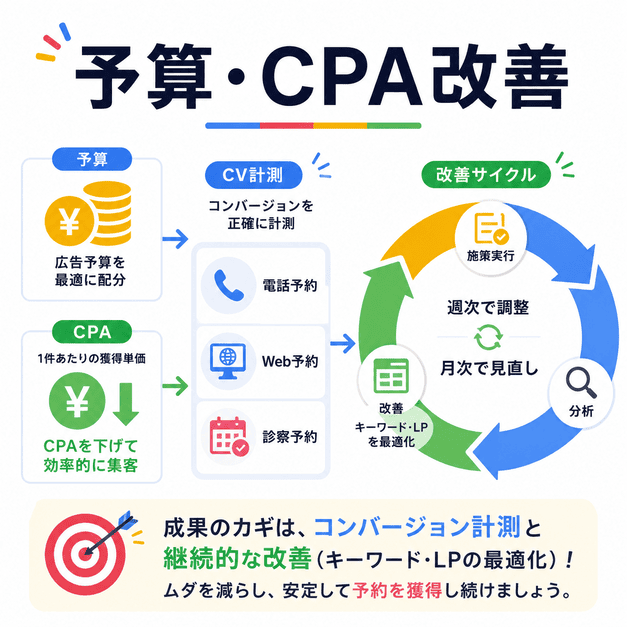 乳腺外科広告の予算配分、CPA改善、CV計測、週次月次の改善サイクルを示した図解