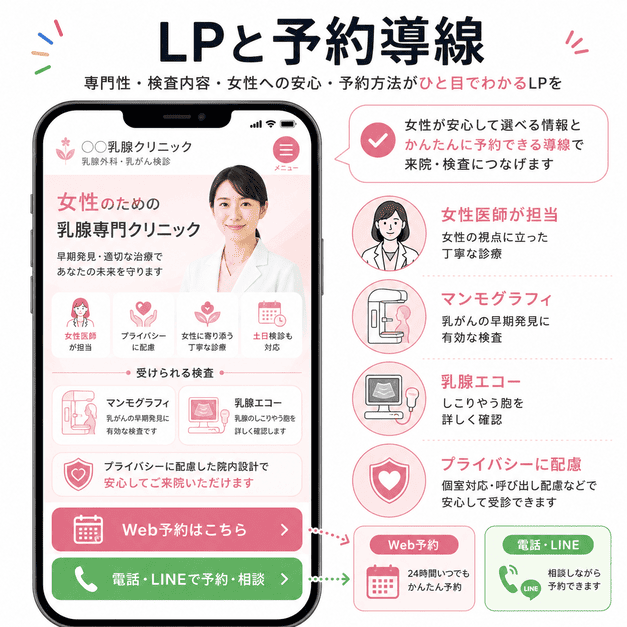 乳腺外科クリニックのLPで、女性医師・検査内容・プライバシー配慮・Web予約導線を分かりやすく示した図解