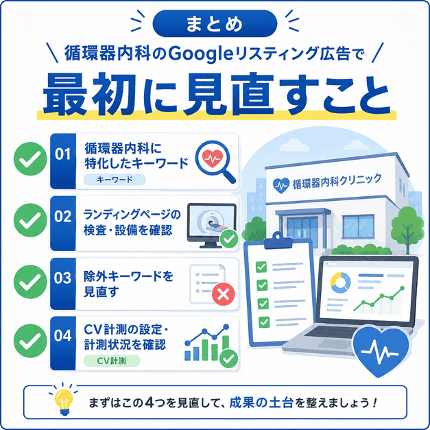 循環器内科のGoogleリスティング広告で最初に見直すキーワード、LP、除外設定、CV計測をまとめたチェックリストのイラスト