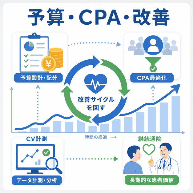 循環器内科広告の予算設計、CPA最適化、CV計測、継続通院を改善サイクルで回すイラスト