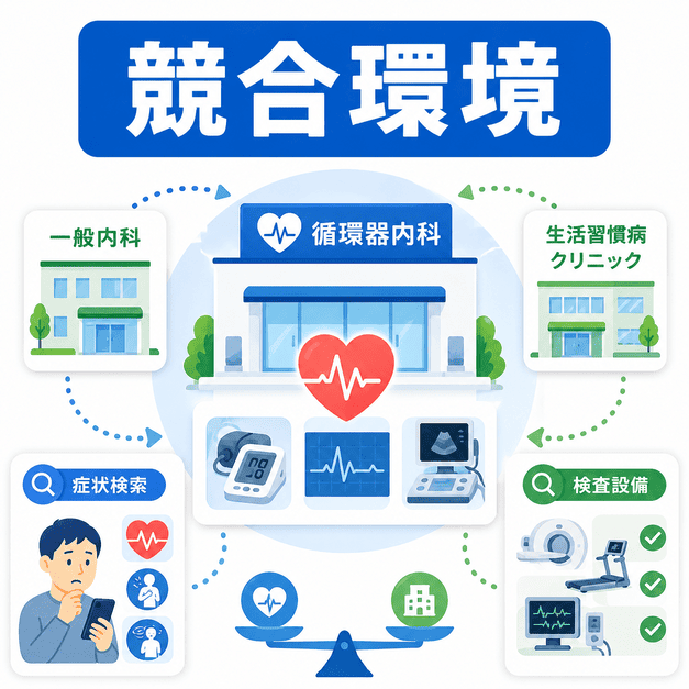 循環器内科クリニックが一般内科や生活習慣病クリニックと比較される競合環境を示したイラスト