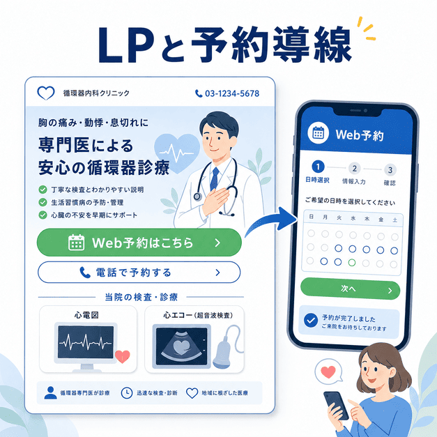 循環器内科のLPからWeb予約や電話予約へ迷わず進める予約導線を示したイラスト