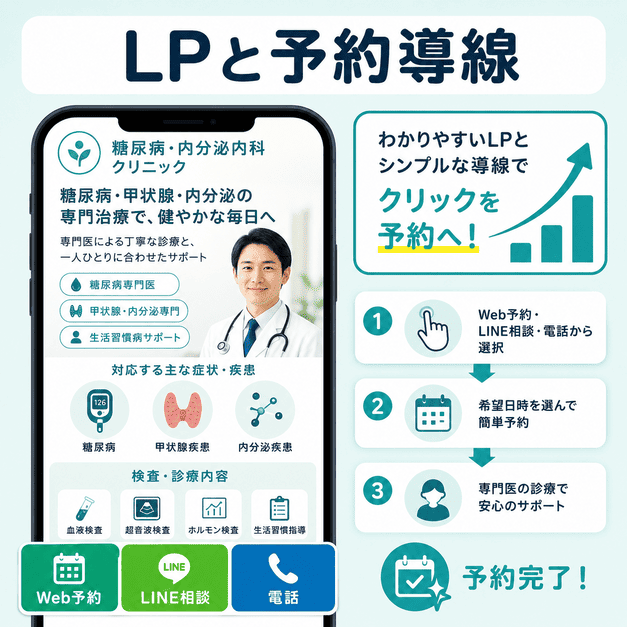 糖尿病・内分泌内科クリニックのLPからWeb予約、LINE相談、電話へつなげる予約導線の図解