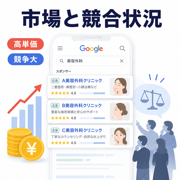 美容外科クリニックのGoogle広告市場で、高単価キーワードと競合の多い検索結果を比較しているイラスト