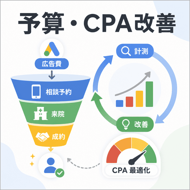 美容外科広告の予算から相談予約、来院、成約までを計測しCPAを改善する流れを示したイラスト