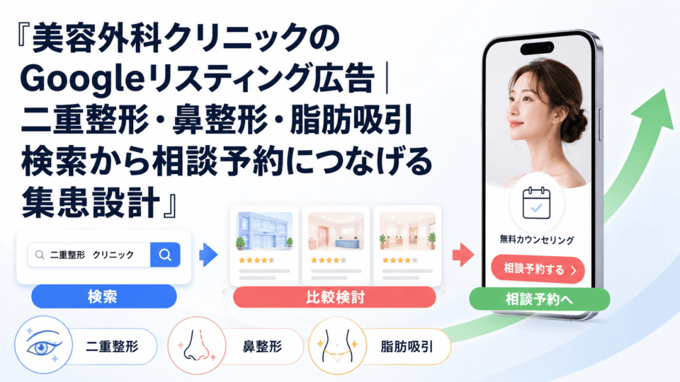 美容外科クリニックのGoogleリスティング広告で、二重整形・鼻整形・脂肪吸引の検索から相談予約へつなげる流れを示した画像