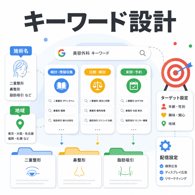 二重整形・鼻整形・脂肪吸引などの施術名や地域名を整理し、広告配信のキーワード設計を行うイラスト