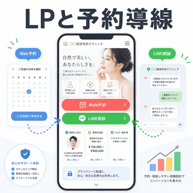 美容外科クリニックのLPでWeb予約やLINE相談へ迷わず進める予約導線を示したイラスト