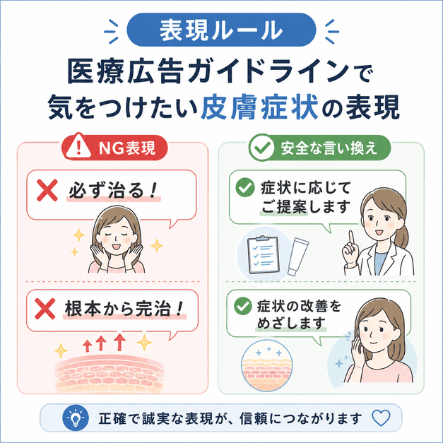 医療広告ガイドラインに沿って皮膚症状のNG表現を安全な言い換えにするイメージ