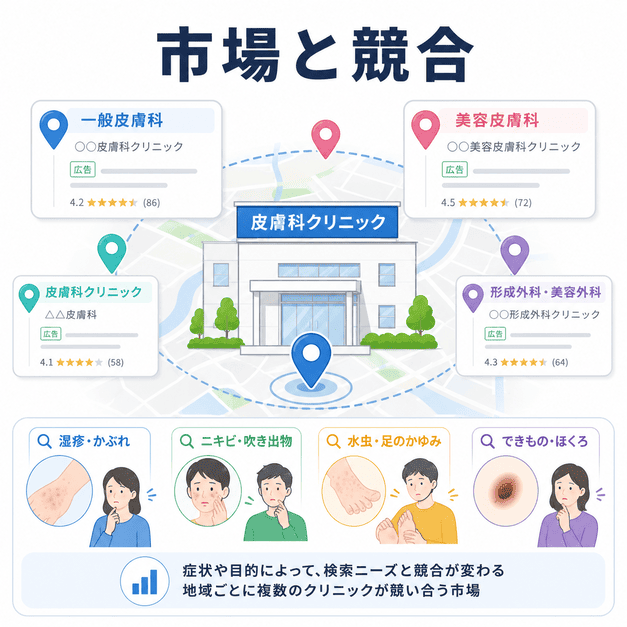 地域の皮膚科クリニックが一般皮膚科・美容皮膚科・形成外科と検索結果で競合する市場イメージ