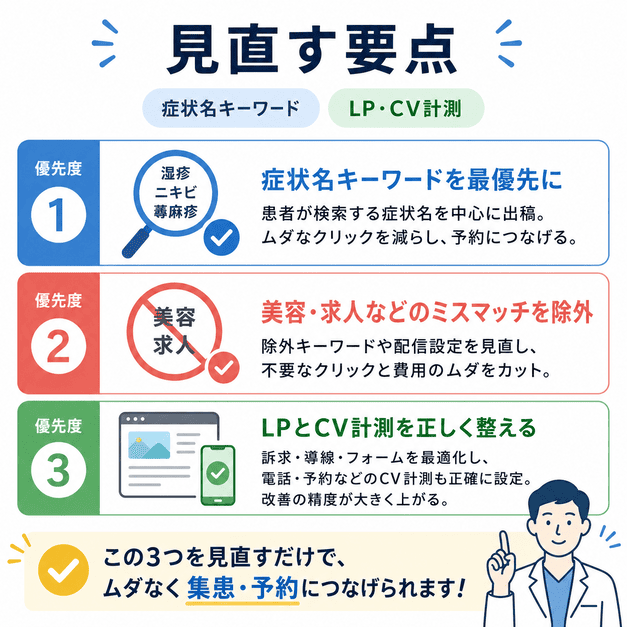 皮膚科のGoogleリスティング広告で症状名キーワード・除外設定・LPとCV計測を見直す要点のイメージ