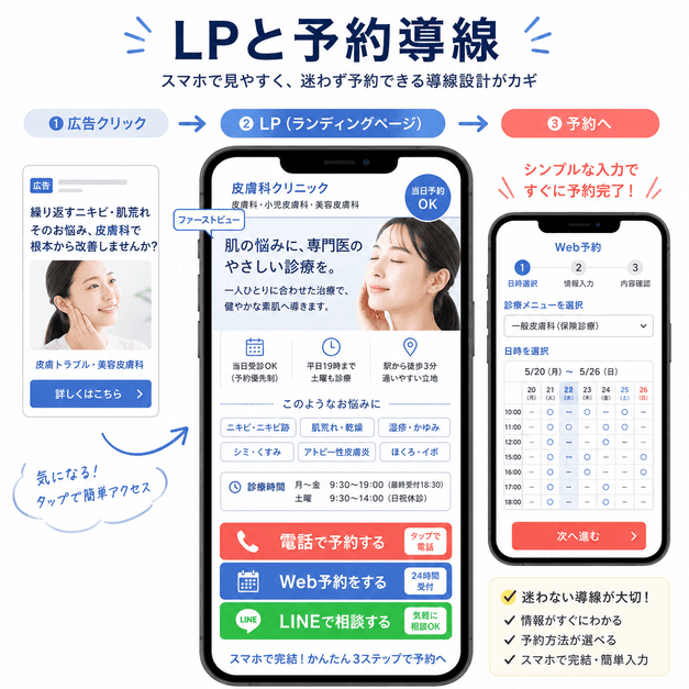 皮膚科クリニックのLPでファーストビューから電話予約・Web予約・LINE導線へ進むイメージ