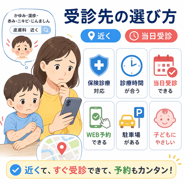 かゆみや湿疹に悩む親子がスマホで近くの皮膚科を探し受診先を選ぶイメージ
