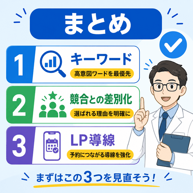 糖尿病・内分泌内科のGoogle広告でキーワード、競合差別化、LP導線を見直す優先順位のチェックリスト