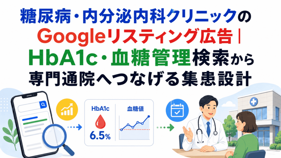 糖尿病・内分泌内科クリニックのGoogleリスティング広告で、HbA1cや血糖管理の検索から専門通院へつなげる流れを示した図解