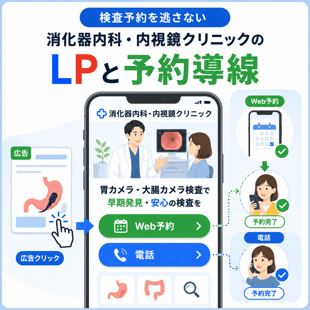広告クリック後にLPからWeb予約や電話予約へ進む導線を示した消化器内科向けイラスト