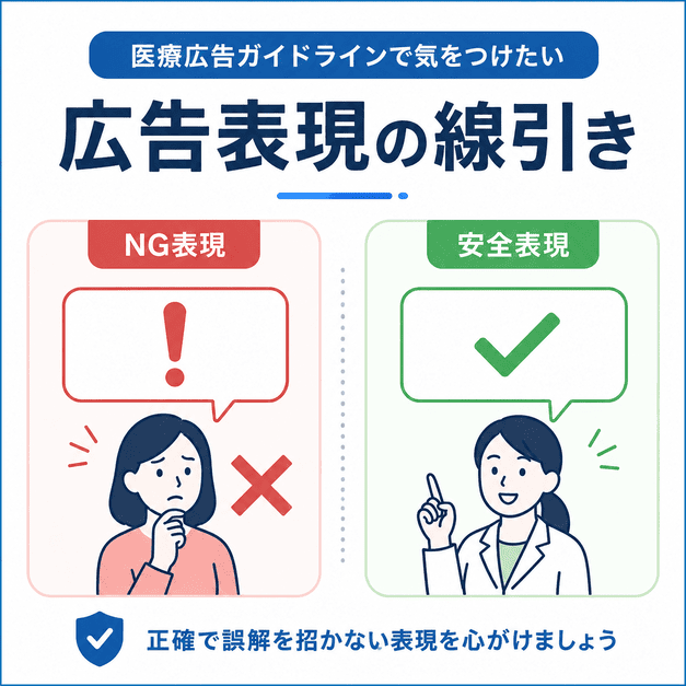 医療広告ガイドラインに配慮し、NG表現と安全な広告表現の線引きを示したイラスト