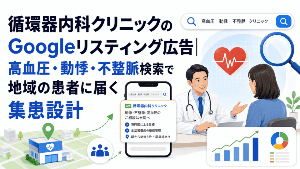 循環器内科クリニックのGoogleリスティング広告で高血圧や動悸、不整脈を検索する地域患者へ訴求する集患設計のイメージ