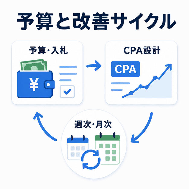 訪問診療クリニックの広告予算、CPA設計、週次月次の改善サイクルを示したイラスト