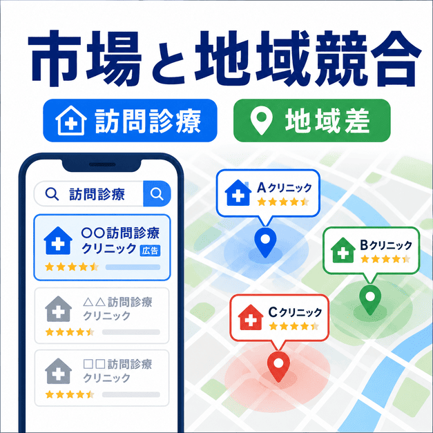 訪問診療クリニックのリスティング広告市場と地域ごとの競合状況を地図と検索結果で示したイラスト