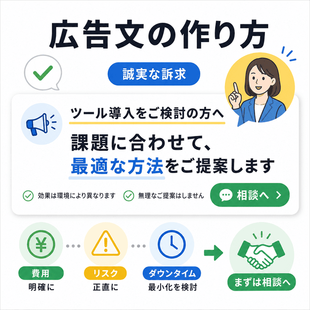 効果を断定せず、費用・リスク・ダウンタイムを誠実に伝えて相談へ導く広告文作成を表したイラスト