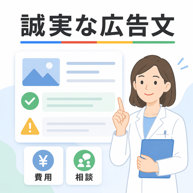 美容外科広告で費用や相談内容を誠実に伝え、過度な訴求を避ける広告文作成のイラスト