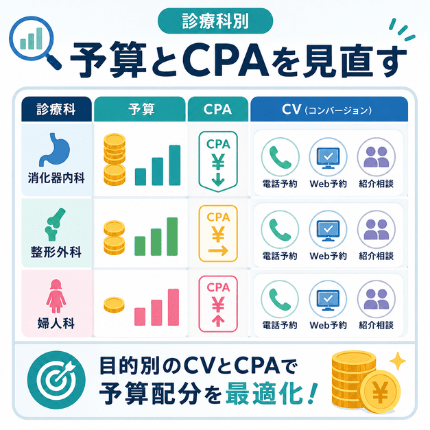 診療科別・目的別にCPAとコンバージョンを見直し、広告予算を最適化するダッシュボード風イラスト