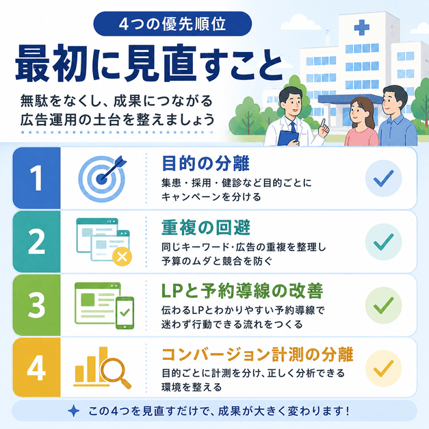 総合病院のGoogleリスティング広告で最初に見直すべき目的分離・重複回避・LP改善・CV計測を整理した図解